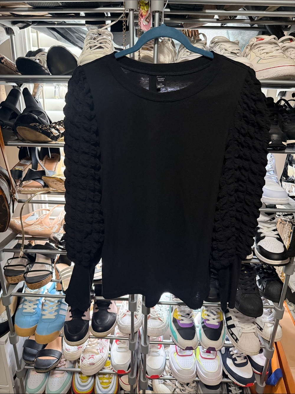 Women's Black Puff-Sleeve Sweater Top